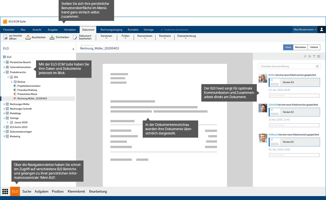 Screenshot einer Benutzeroberfläche mit Dokumentenliste und Kommentaren auf der rechten Seite.